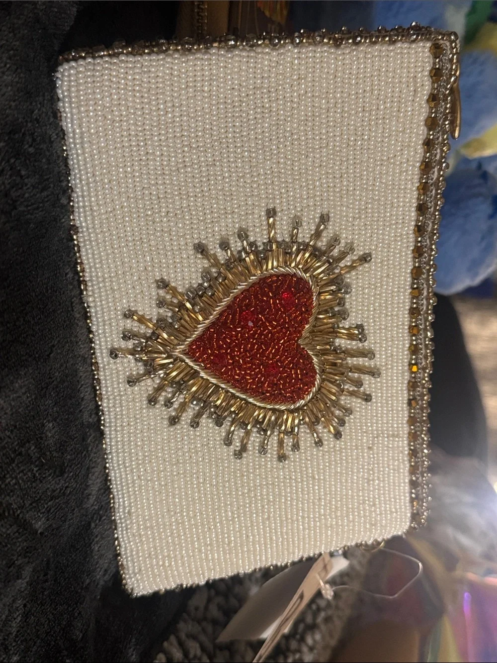 Mary Frances White Beaded Clutch with Red Heart and Gold Accents